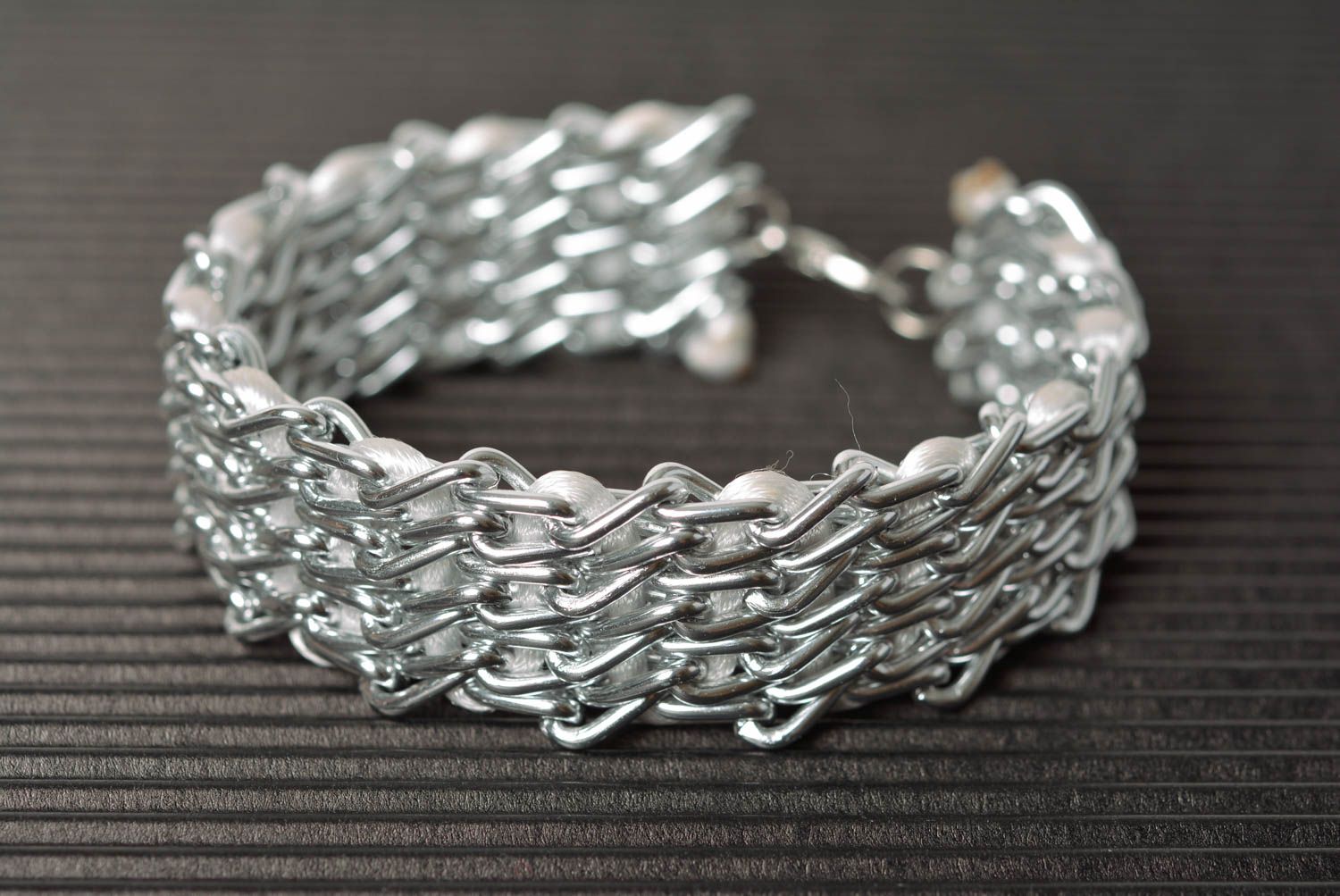 Handmade designer casual metal woven wrist bracelet with caprone thread photo 1