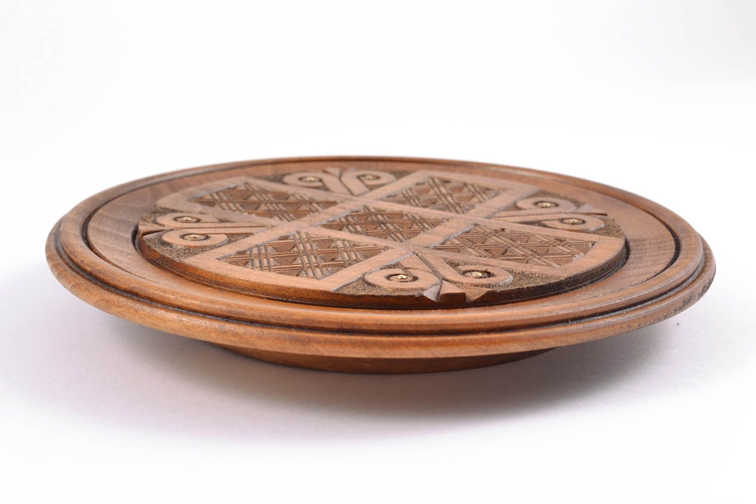 Wooden plate with inlay and carving photo 5