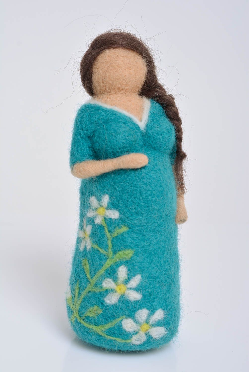 Poupée en laine feutrée originale faite main robe turquoise décorative photo 1