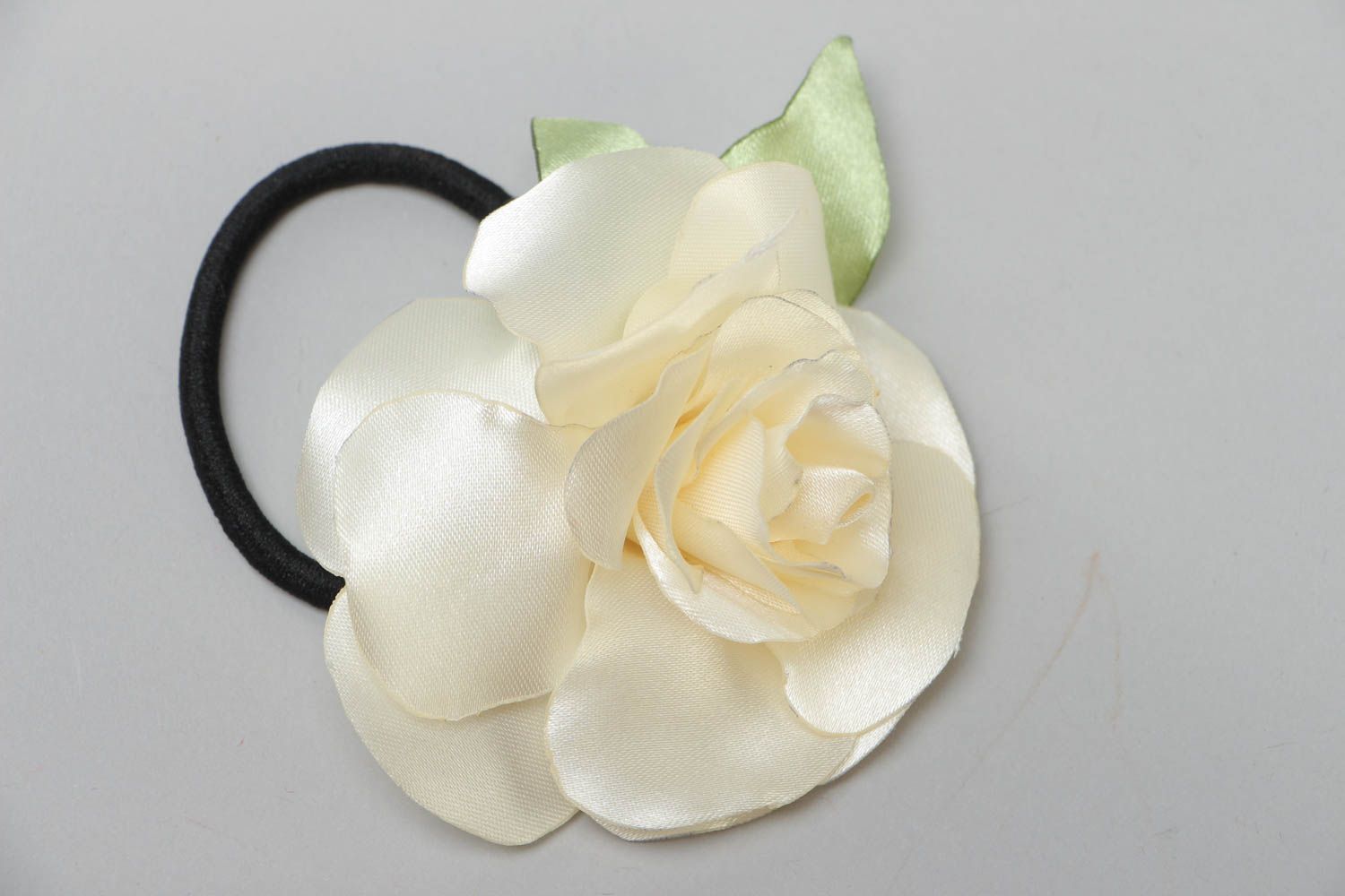 Volume handmade stylish scrunchy with satin ribbon flower White Rose hair accessory photo 2