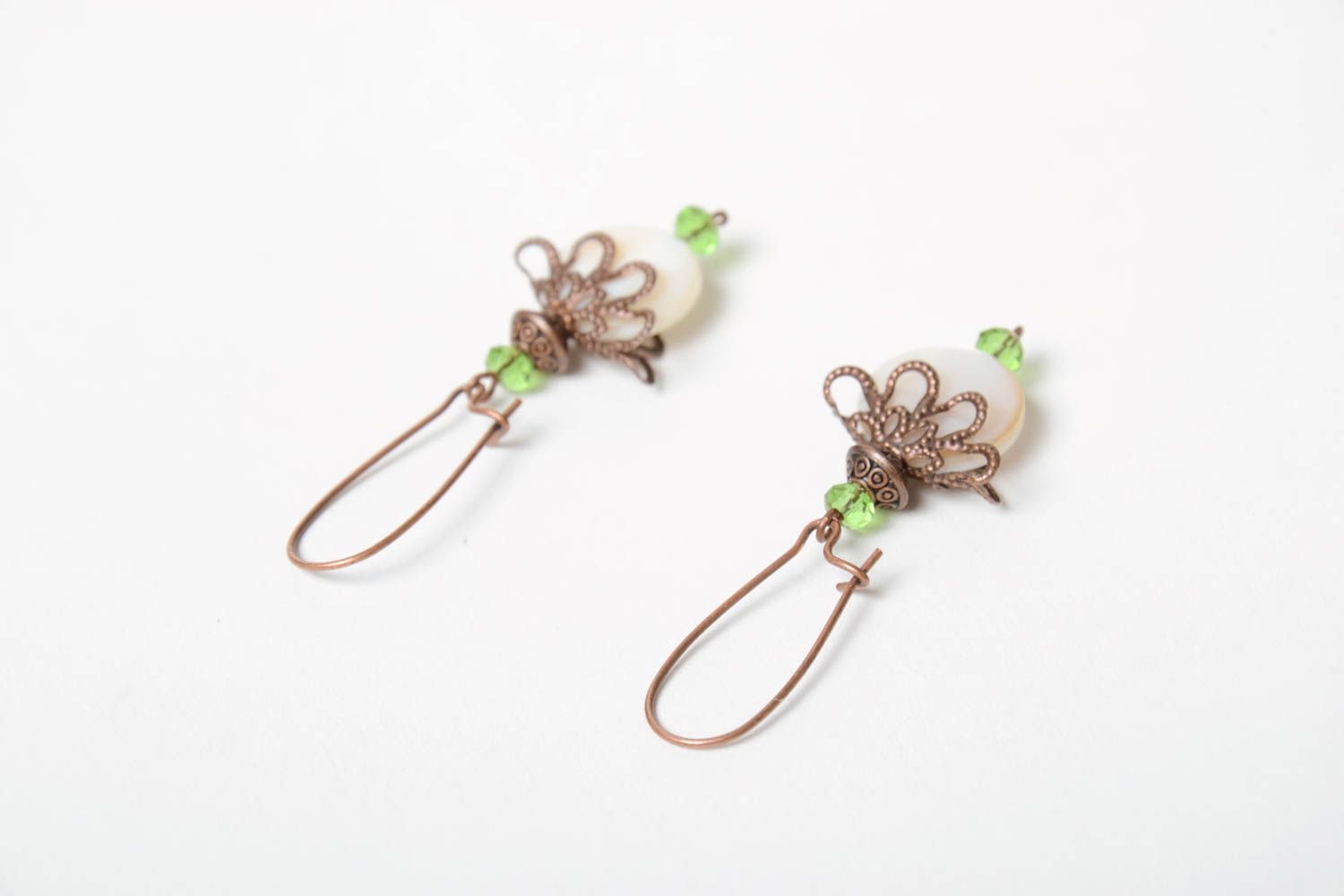 Unusual beautiful handmade wire wrap copper earrings with quartz photo 4