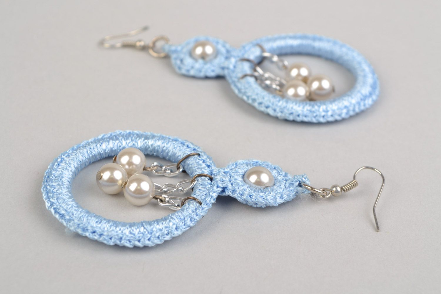 Handmade gentle round earrings woven of threads of beautiful blue color photo 4