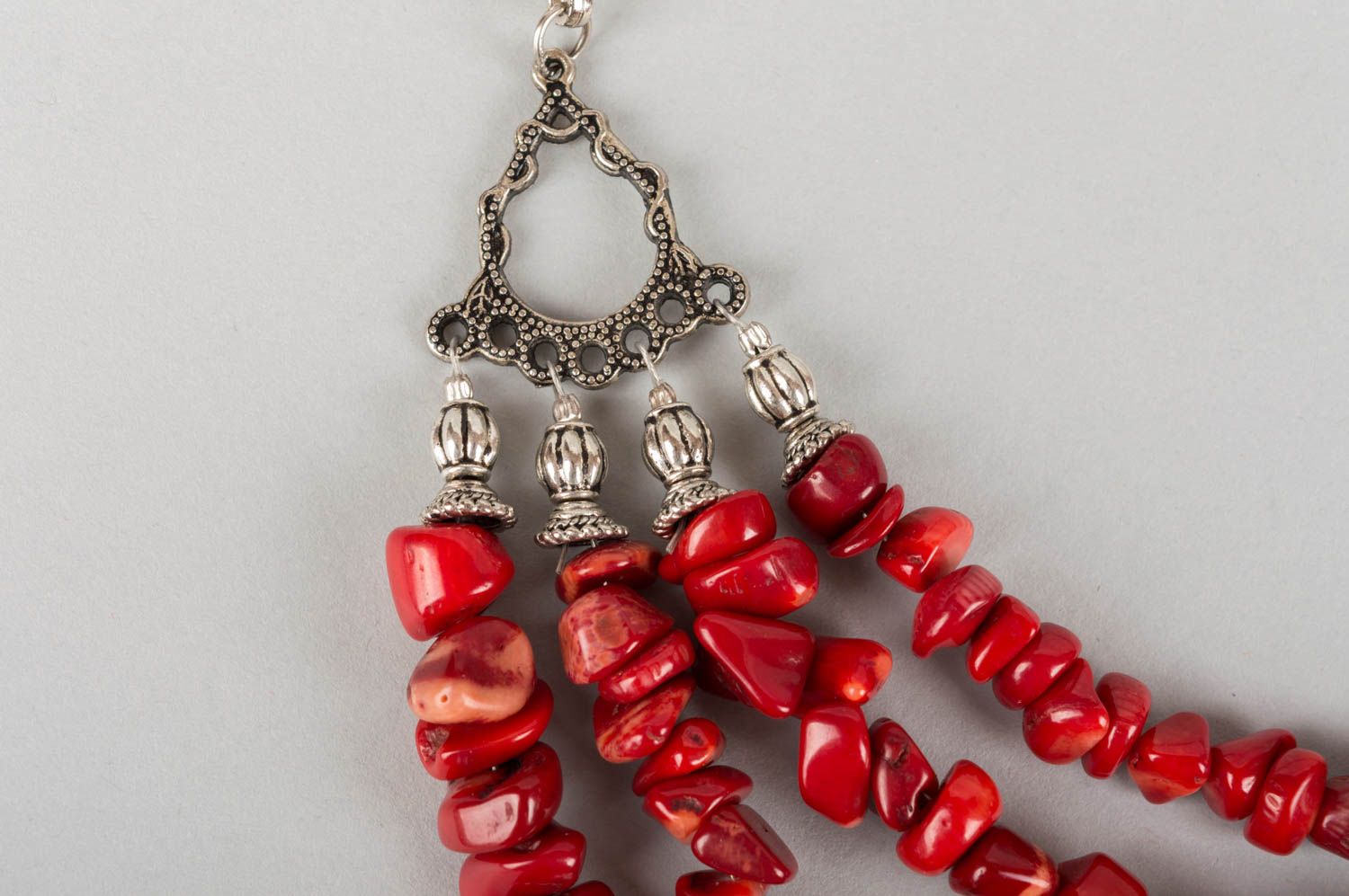 Beautiful bright red handmade necklace with natural stones on woven leather cord photo 4