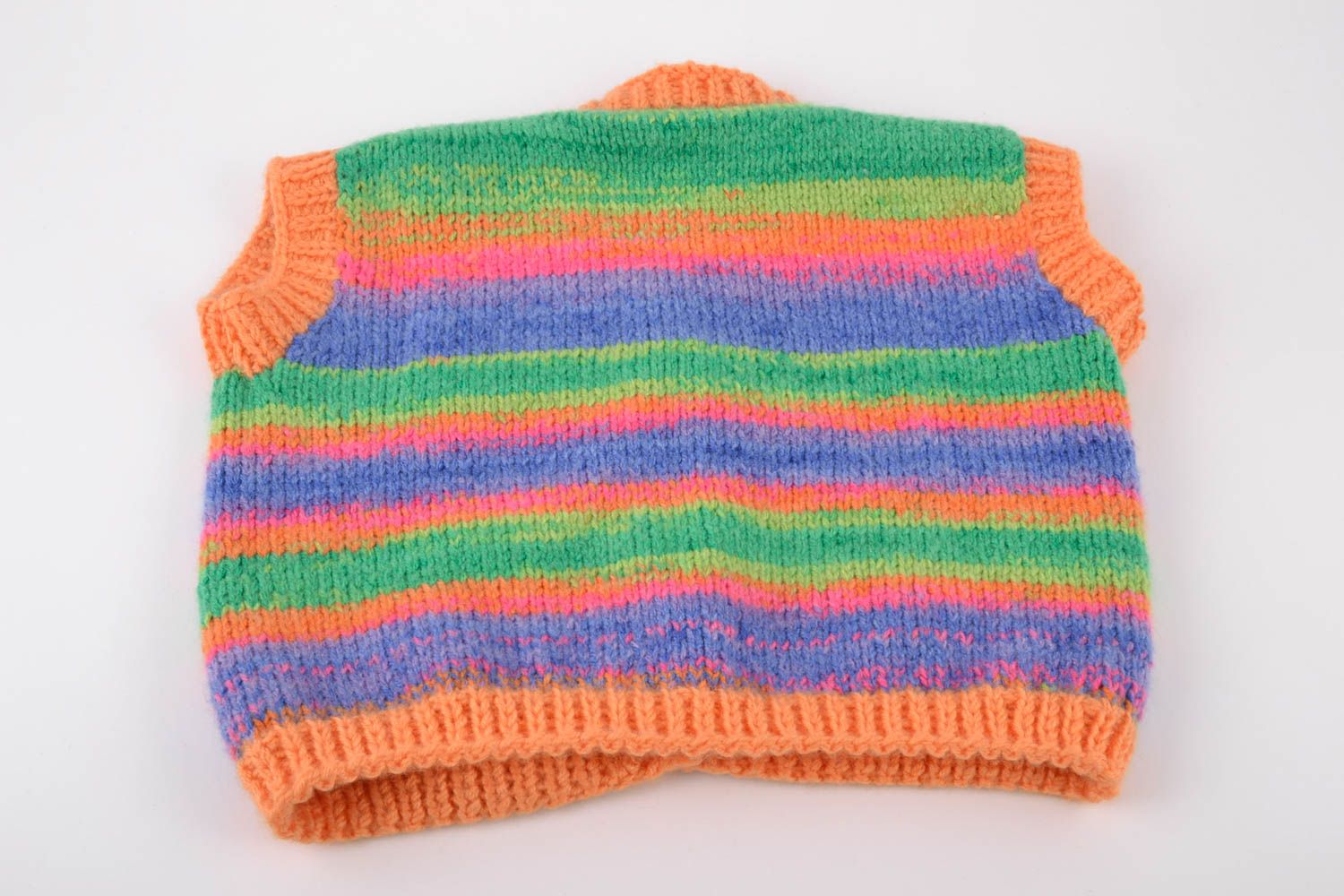 Gilet tricoté pour bébé en laine boutonné rayé multicolore fait main original photo 3