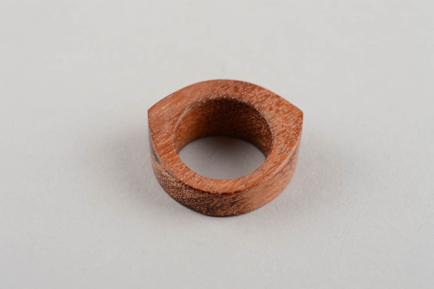 Handmade stylish female brown round ring made of wood of unusual shape photo 4
