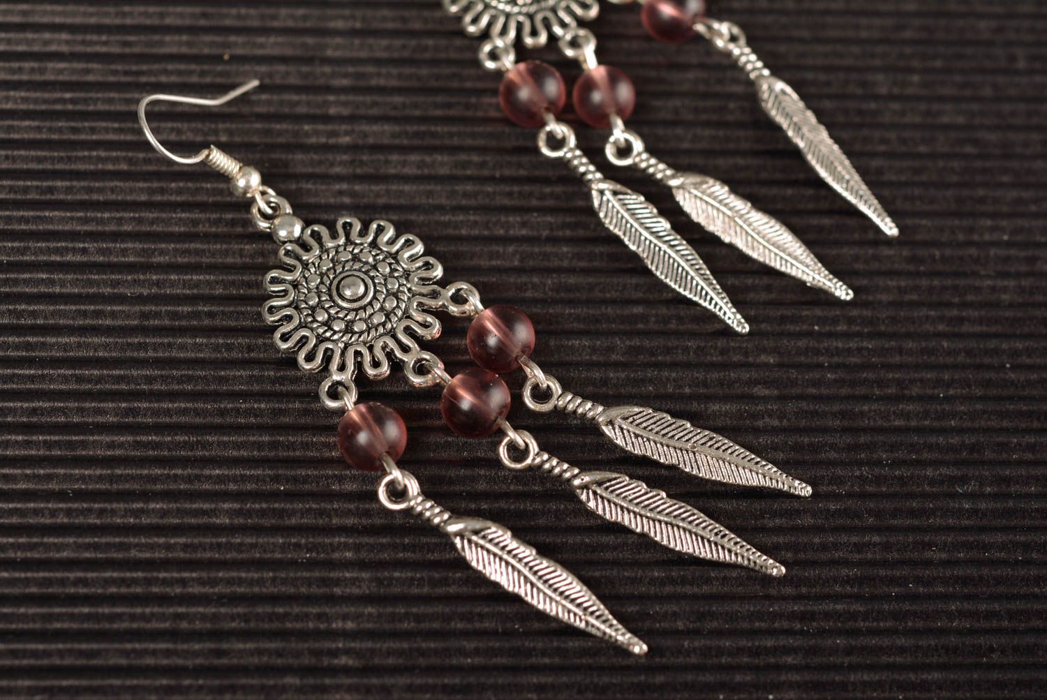 Handmade massive ethnic metal dangle earrings with small glass beads photo 3