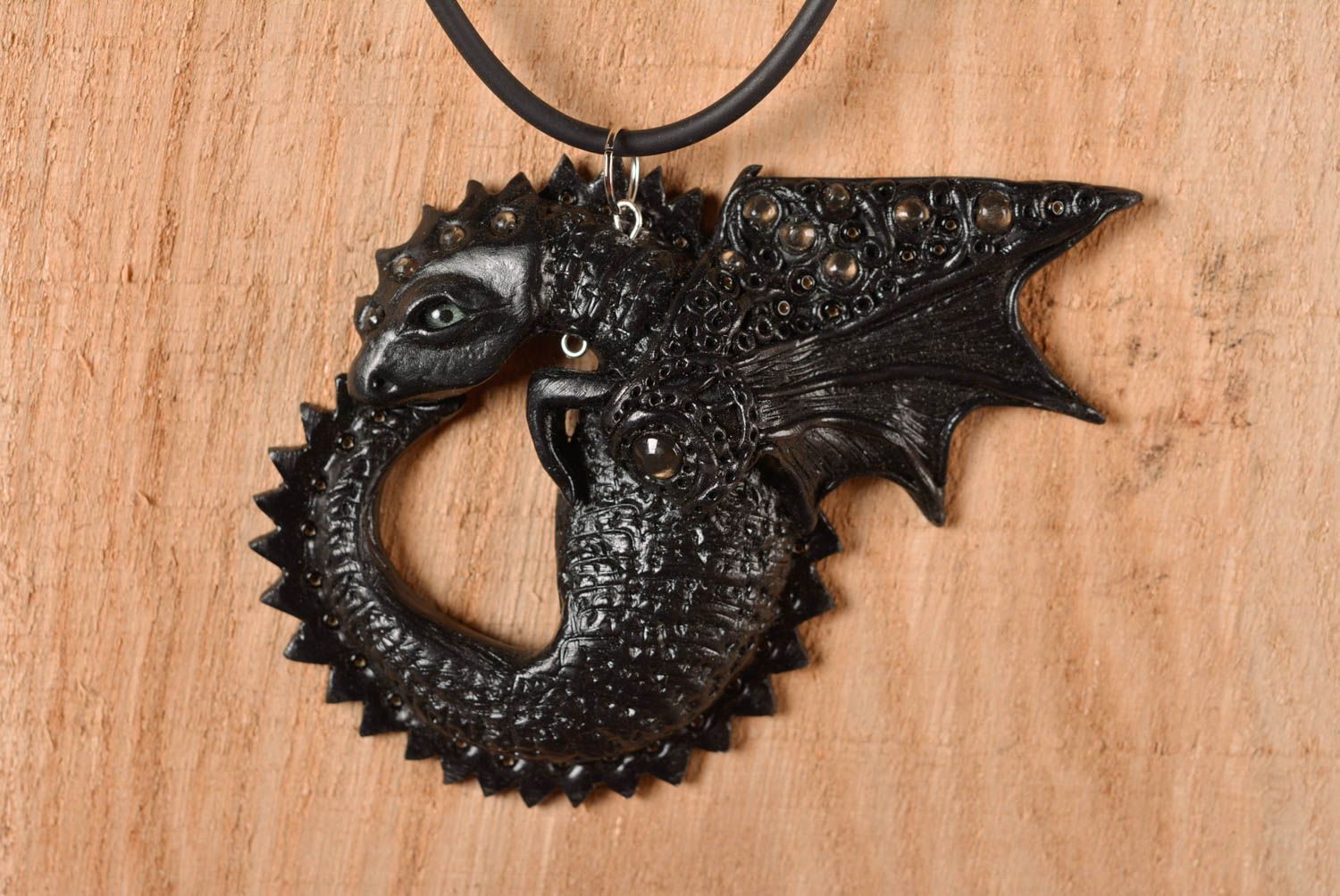 Handmade unique polymer clay necklace designer dragon pendant present accessory photo 1