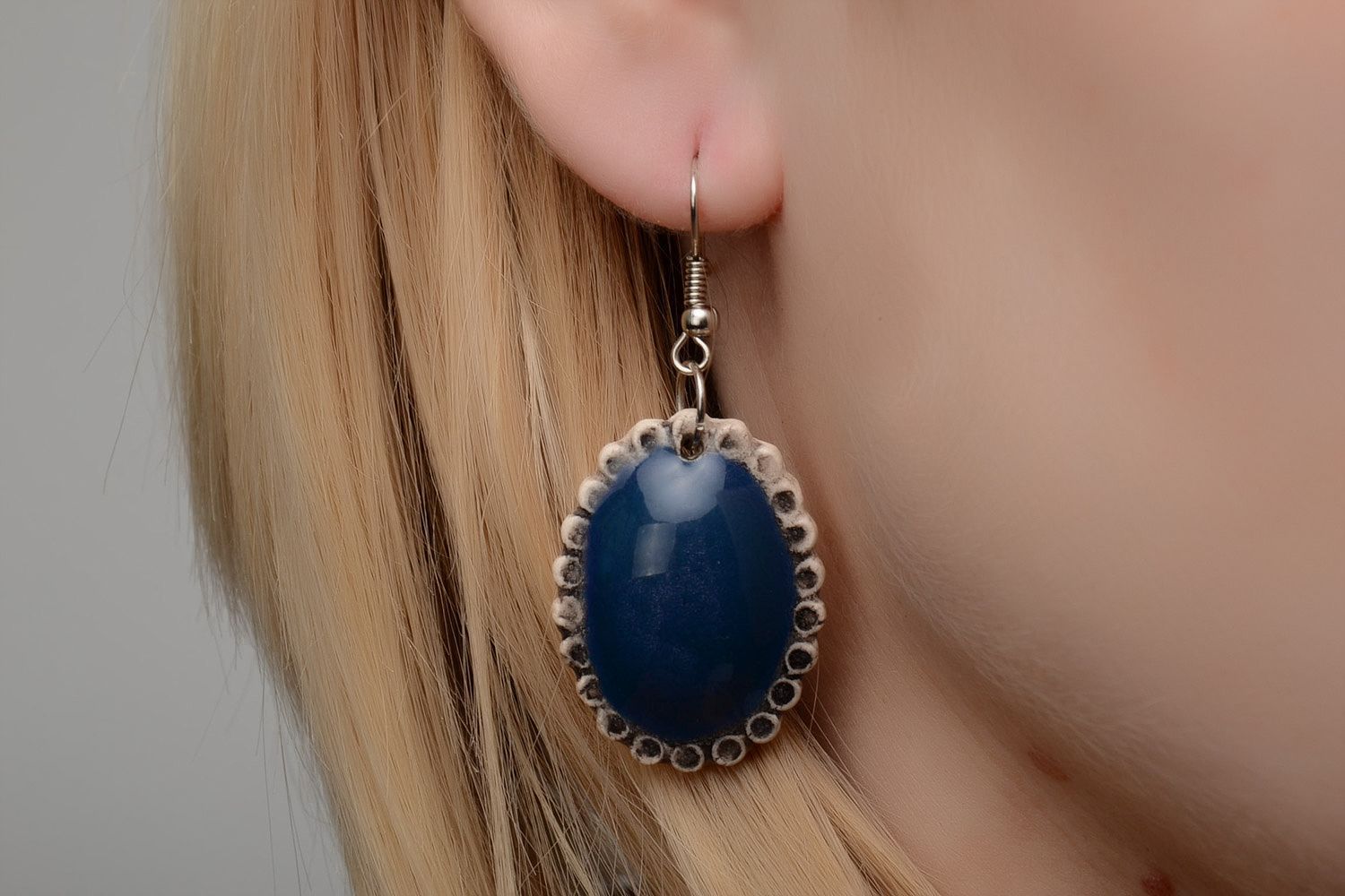 Handmade oval ceramic dangle earrings coated with blue enamel for women photo 2