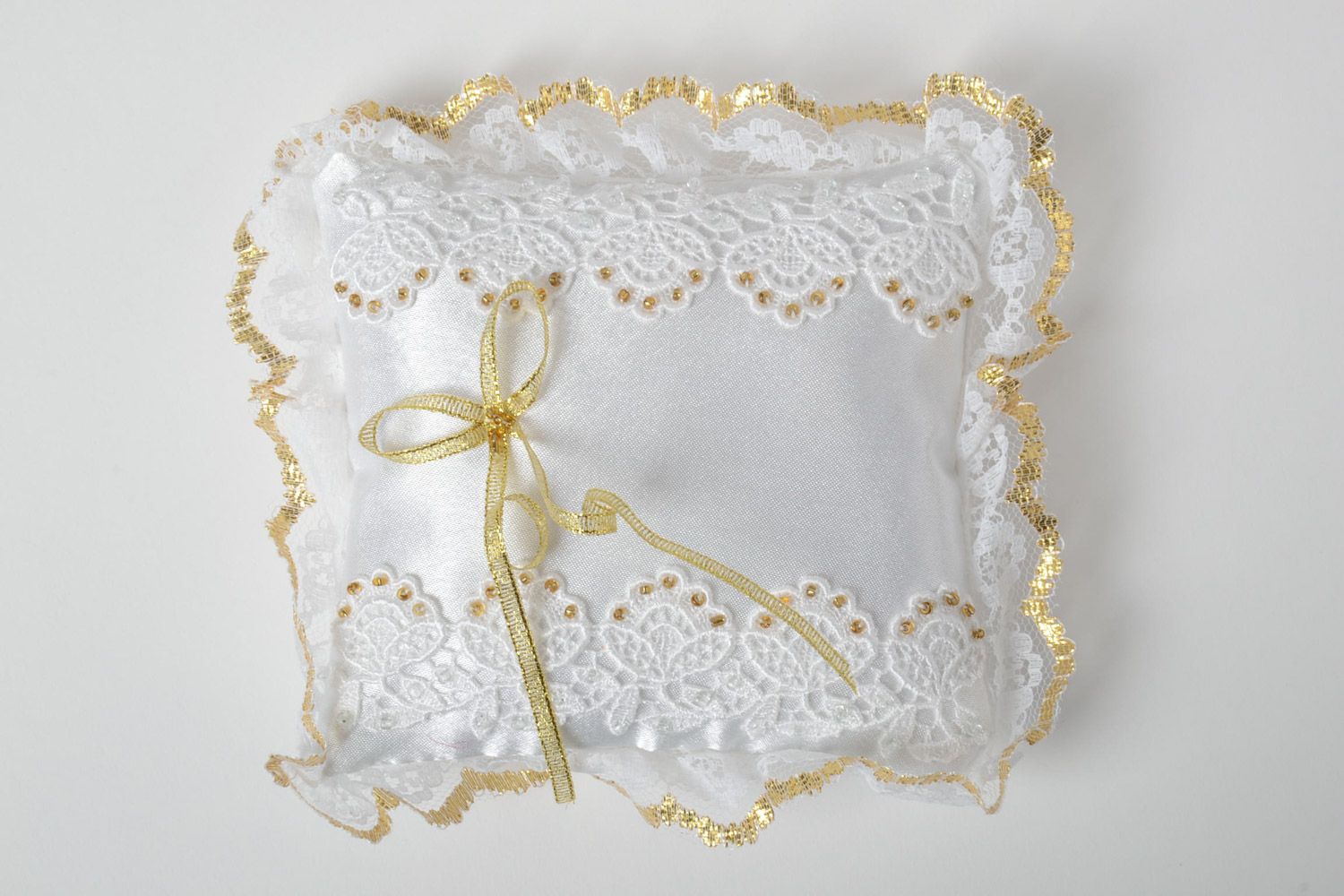 Handmade festive wedding rings pillow sewn of satin with lace and Czech beads photo 2