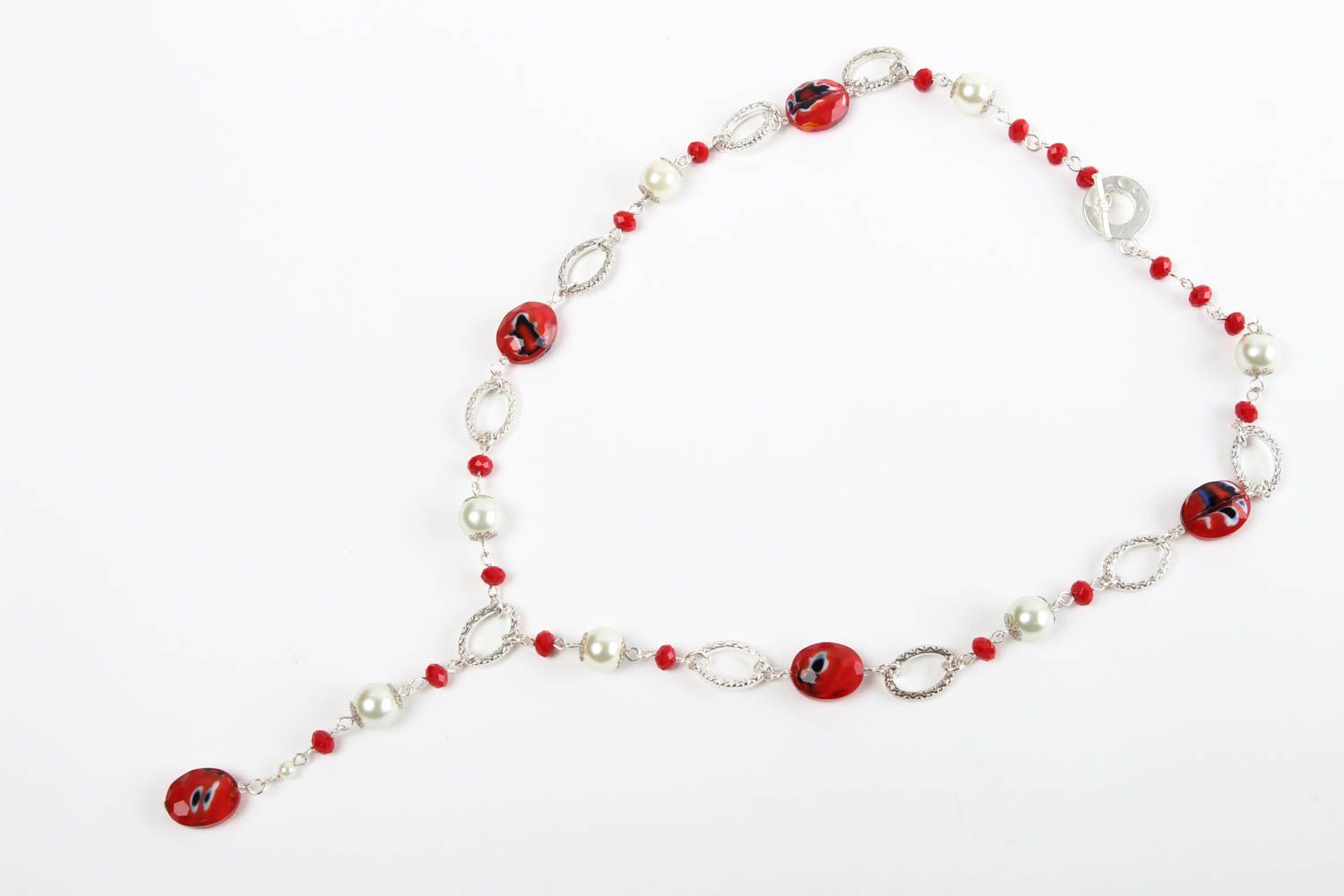 Колье из бусин украшение ручной работы ожерелье из бусин белое с красным фото 1
