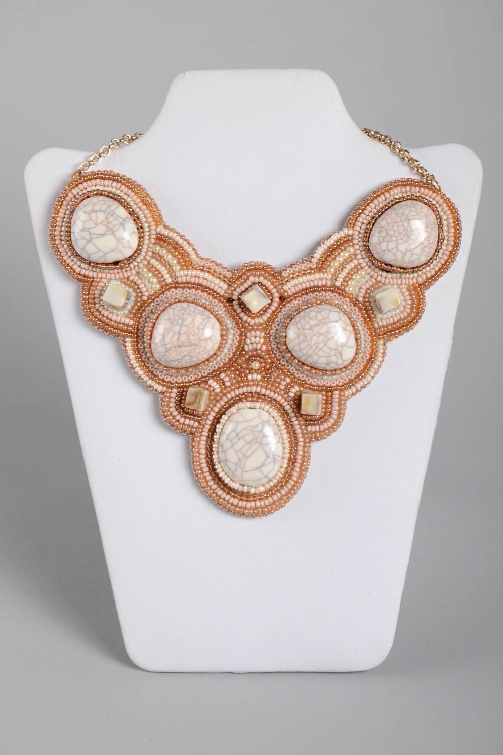 Handmade massive necklace unusual beige jewelry evening feminine accessory photo 2