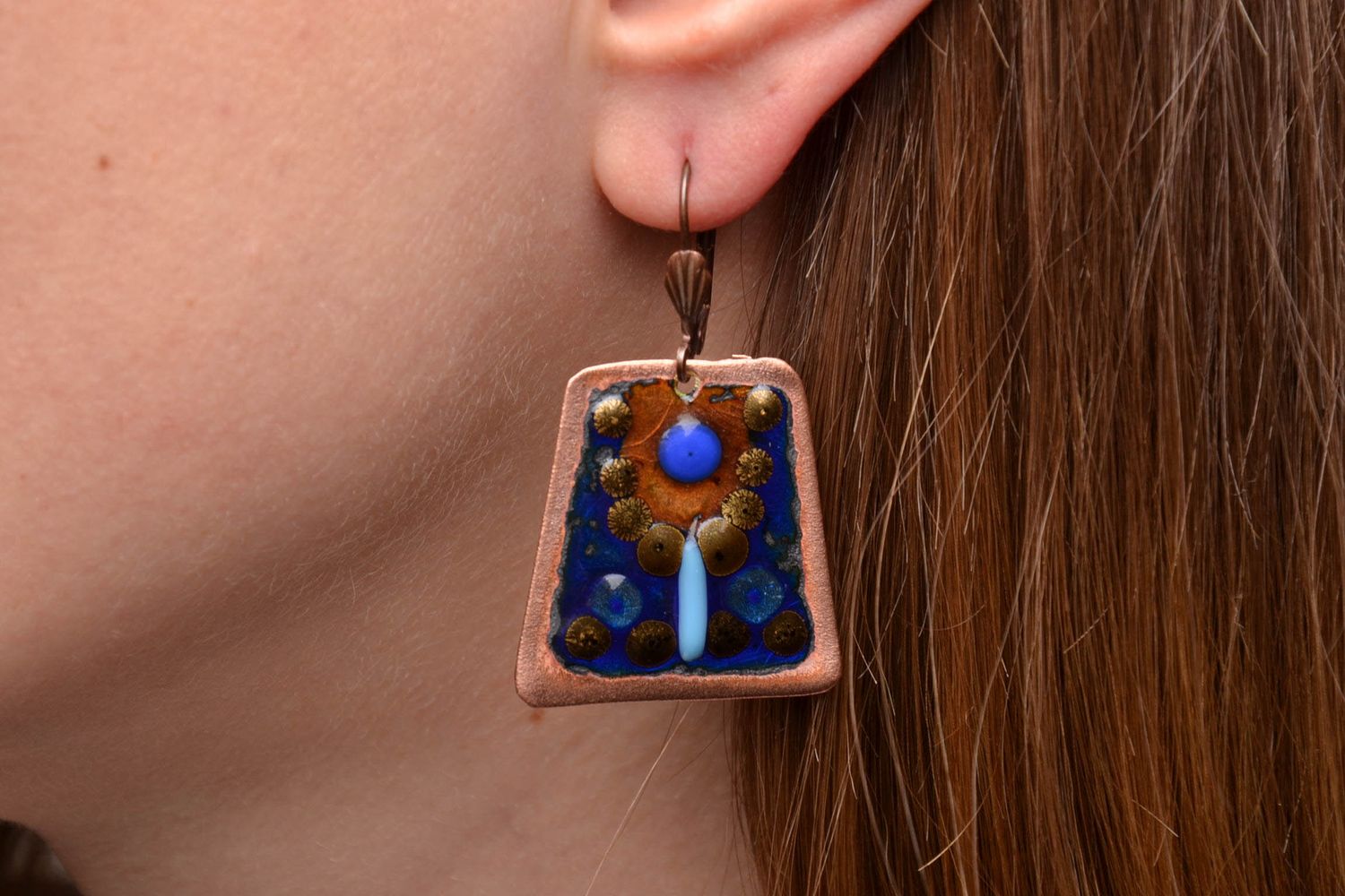 Enamel painted copper earrings of unusual shape photo 2