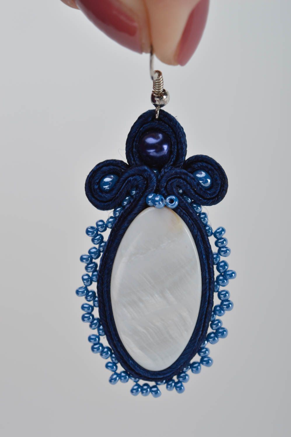 Beautiful handmade evening massive soutache earrings with beads blue photo 3