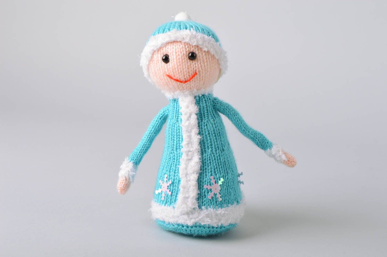 Handmade designer small beautiful knitted soft toy snow maiden for children photo 2