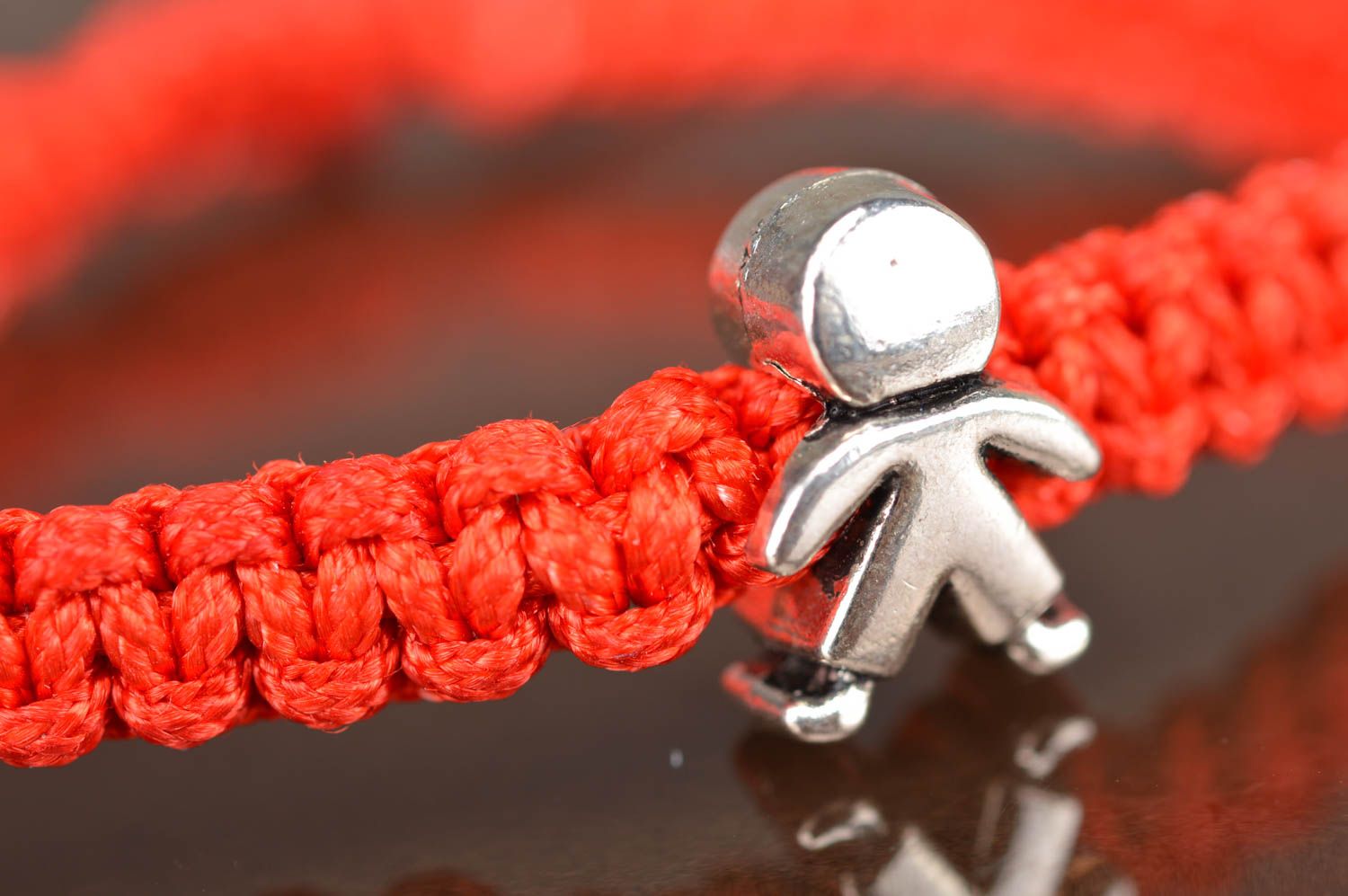 Thin woven stylish unusual red handmade bracelet made of textile laces Man photo 3