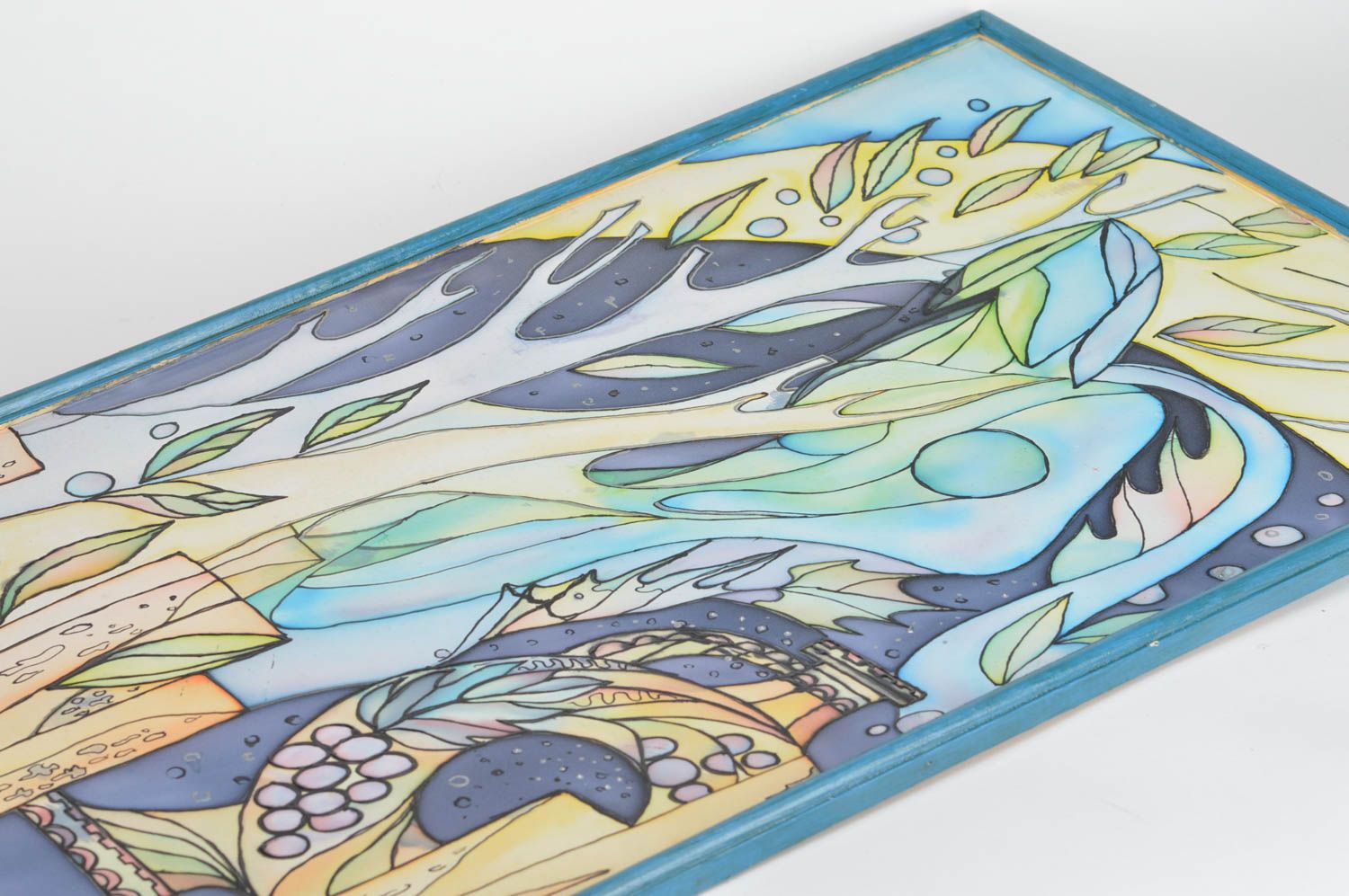 Handgemachtes abstraktes Batik Wandbild aus Naturstoff in blauen Farben  foto 2