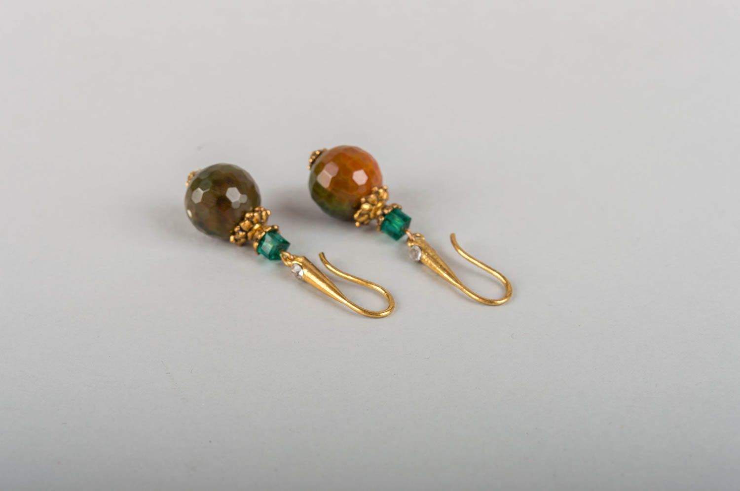 Brass earrings with agate and crystal handmade evening stylish accessory photo 3