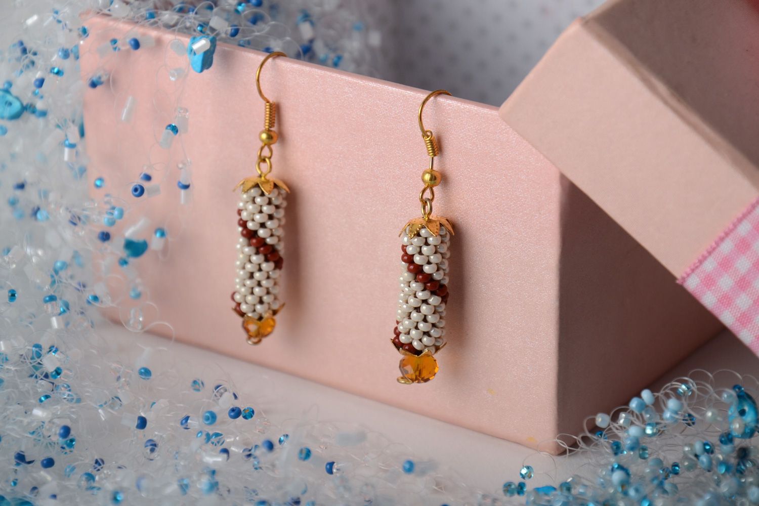 Cute handmade beaded dangle earrings in light color palette  photo 1