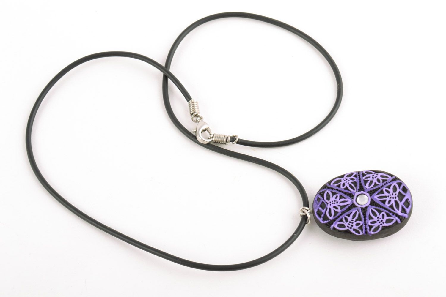 Black and lilac handmade clay pendant painted with acrylics photo 3
