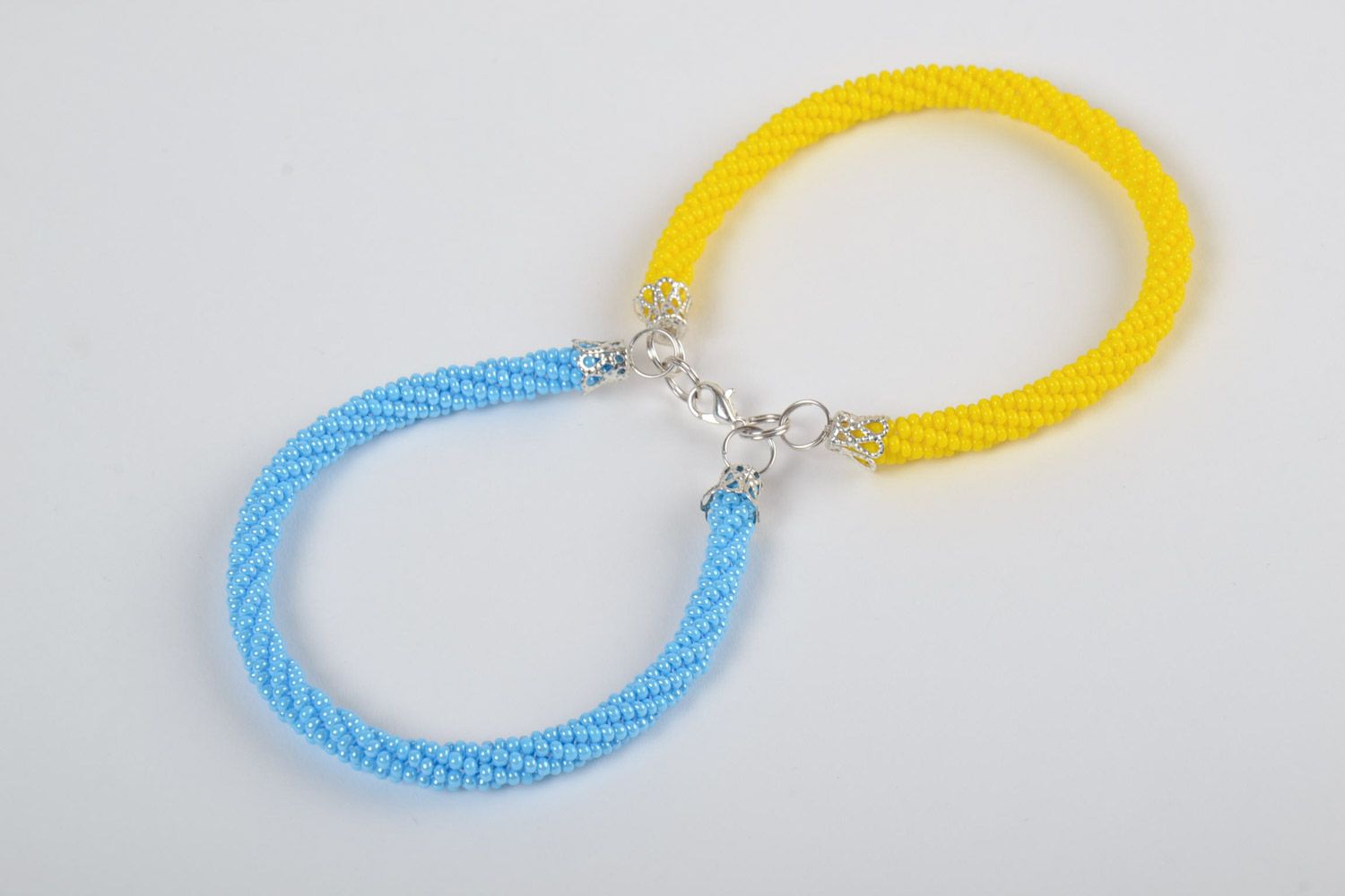 Handmade designer double cord bracelet made of Czech beads yellow with blue photo 2