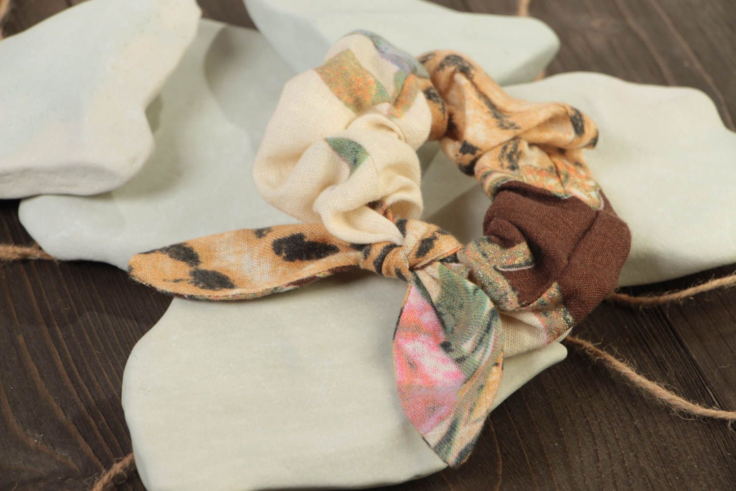 Handmade large volume decorative colorful linen fabric hair tie with dolly bow photo 1