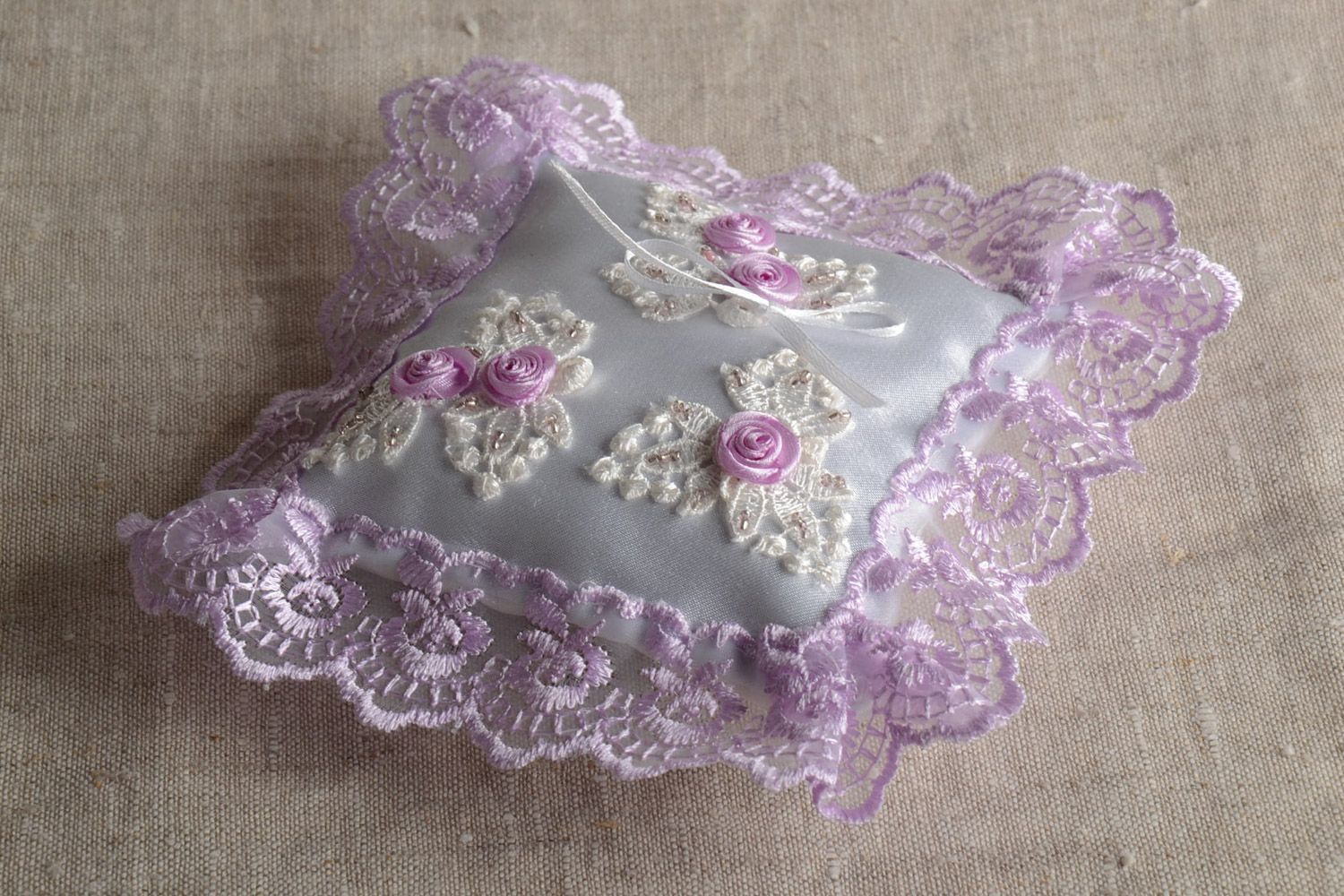 Handmade wedding rings pillow with lace and beads in white and lavender colors photo 1