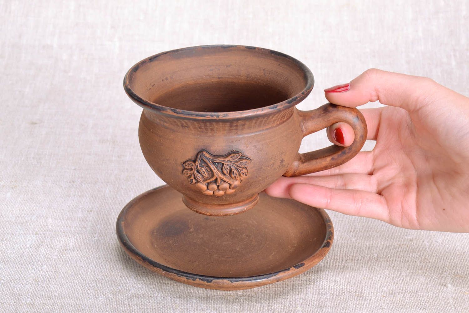 5 oz clay coffee cup with handle and saucer in light brown color with grapes' pattern photo 5