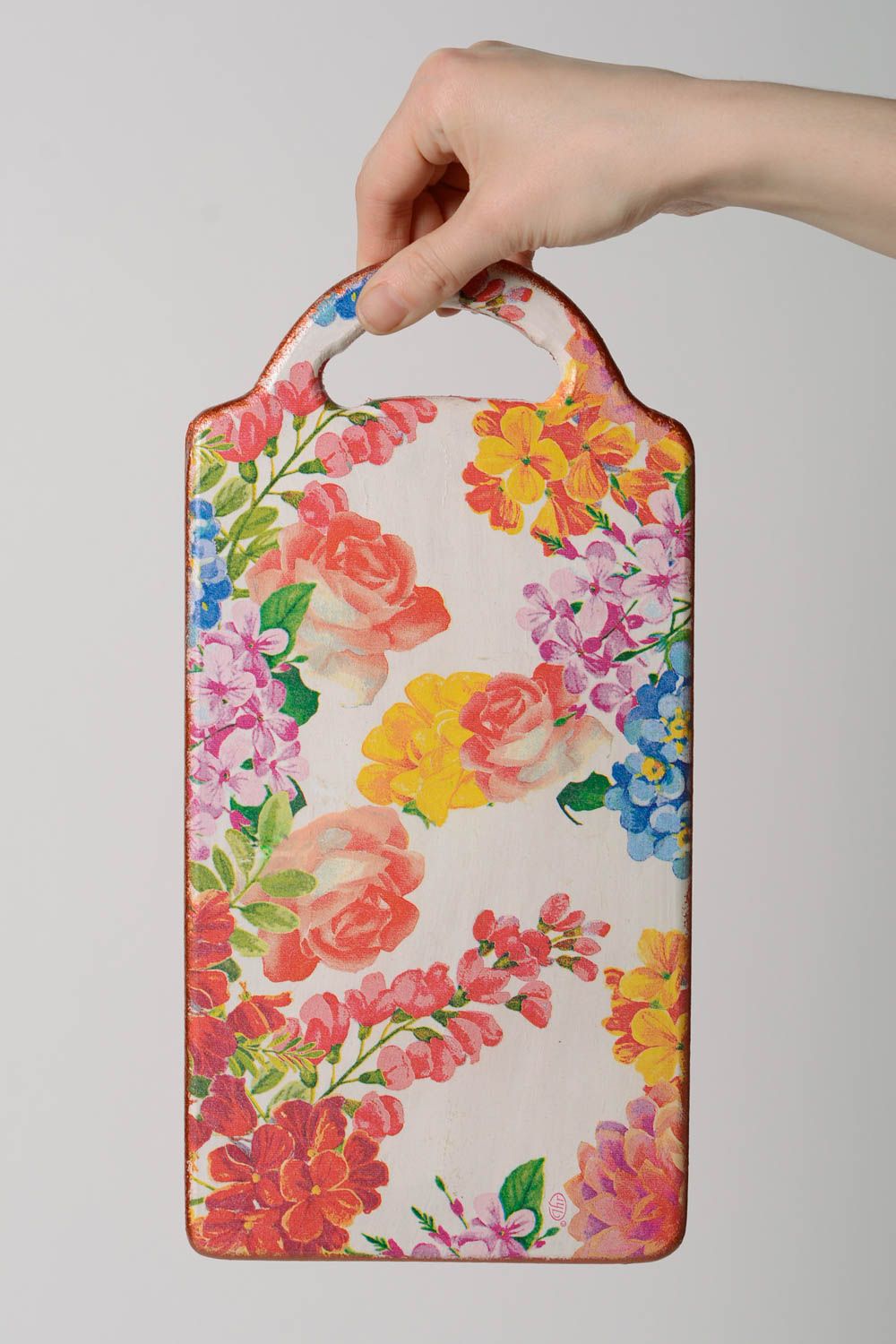 Planche à découper fantaisie en bois à motif multicolore faite main Fleurs photo 4