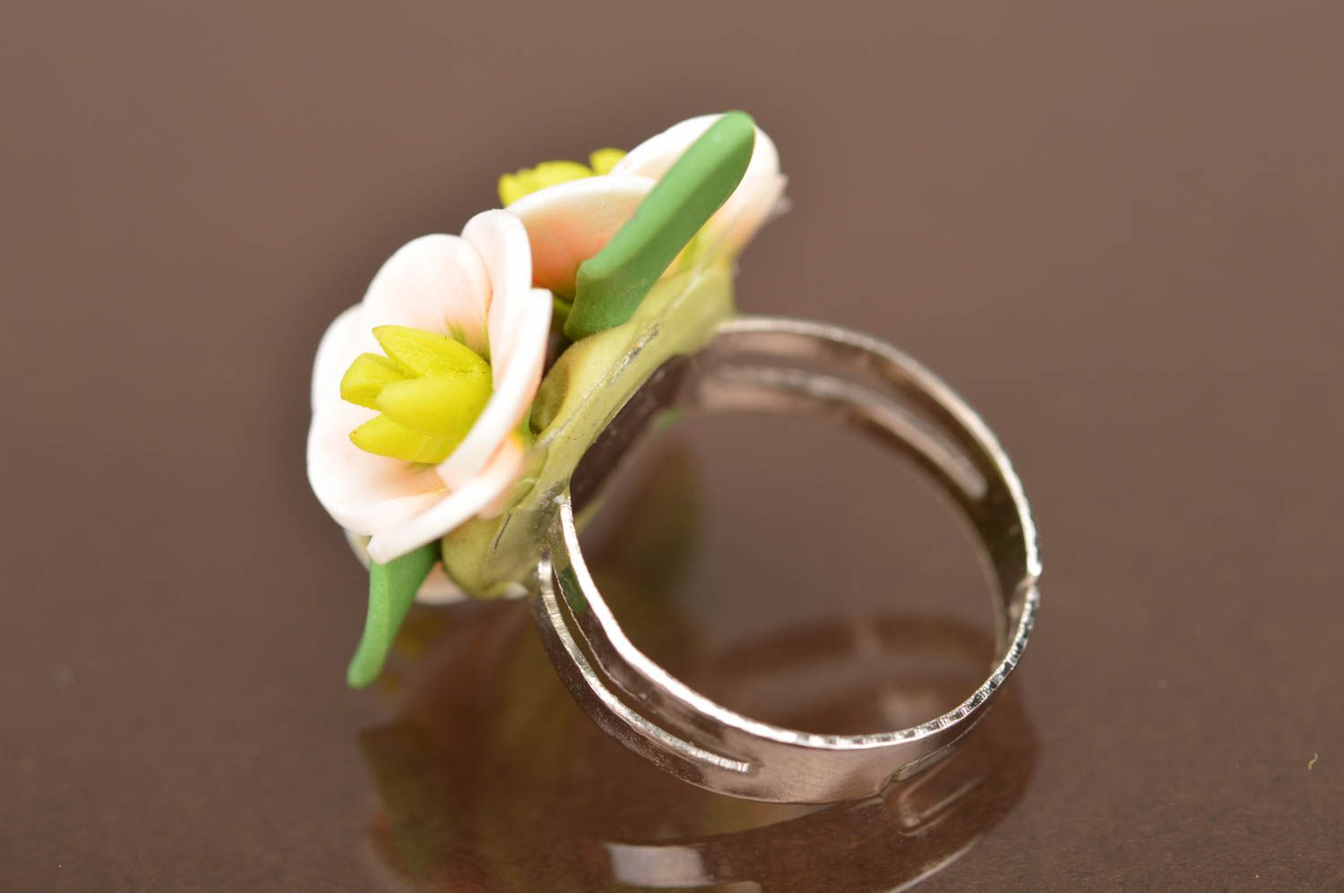 Handmade tender stylish ring made of polymer clay in shape of 3 flowers photo 4