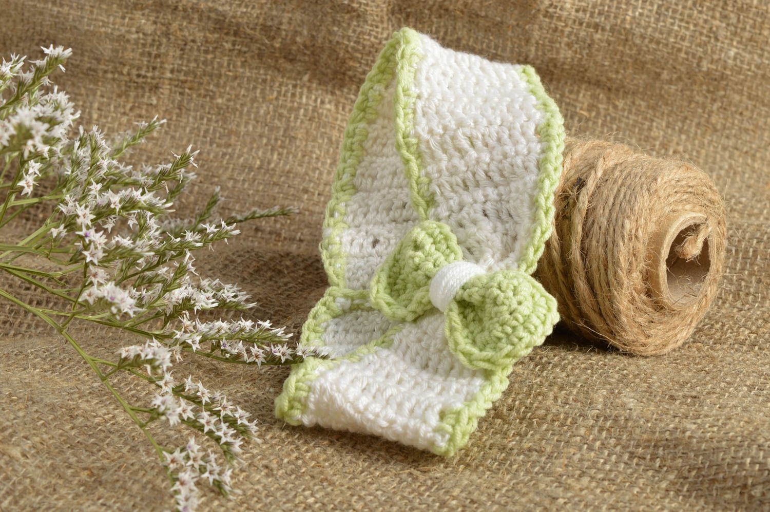 Beautiful white and green handmade children's crochet headband with bow photo 1