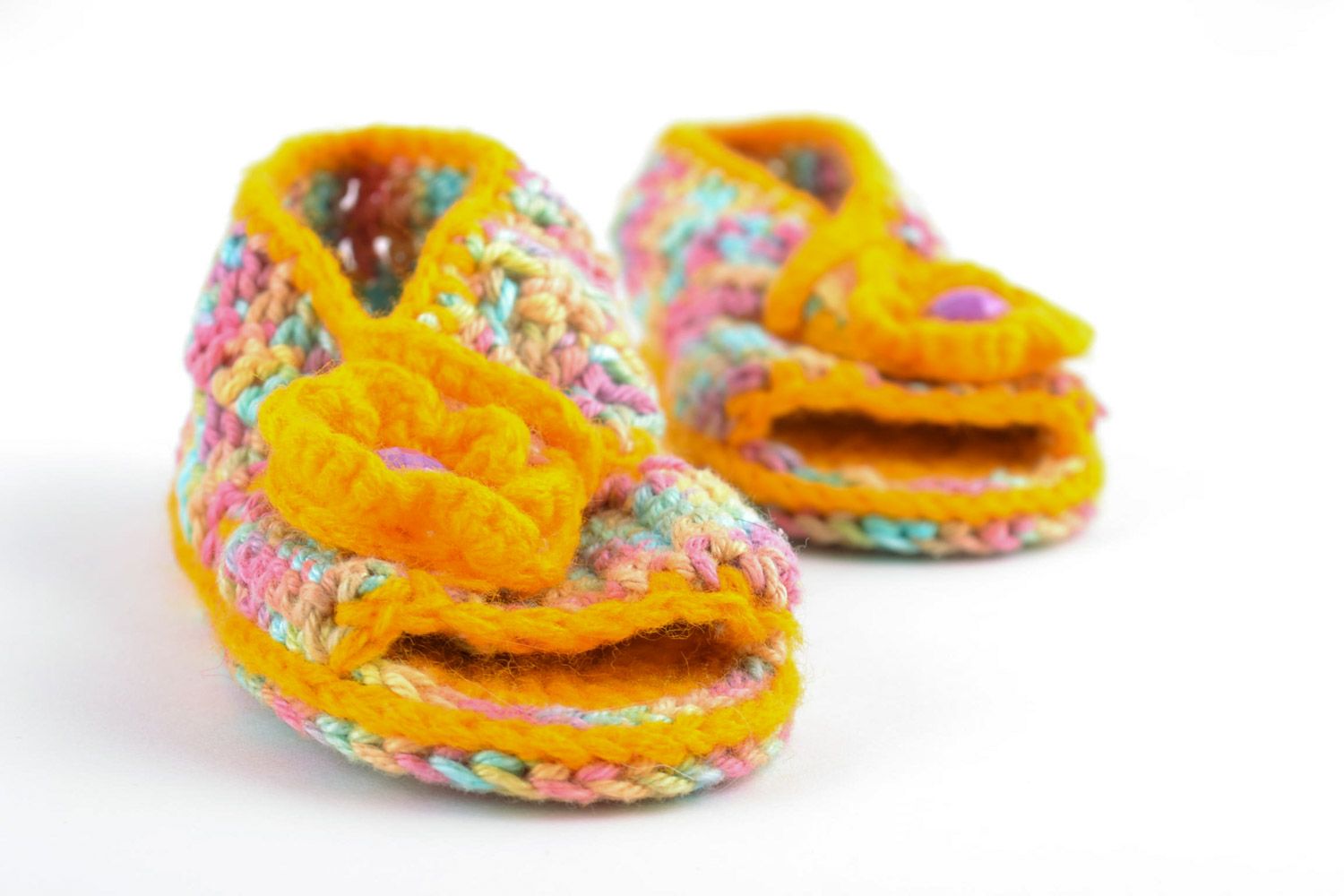 Multi-colored handmade knitted baby booties sandals with yellow flower photo 5