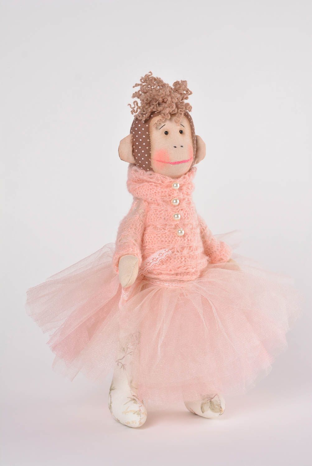 Poupée singe faite main Jouet pour enfant Cadeau original lin tricot tulle laine photo 2