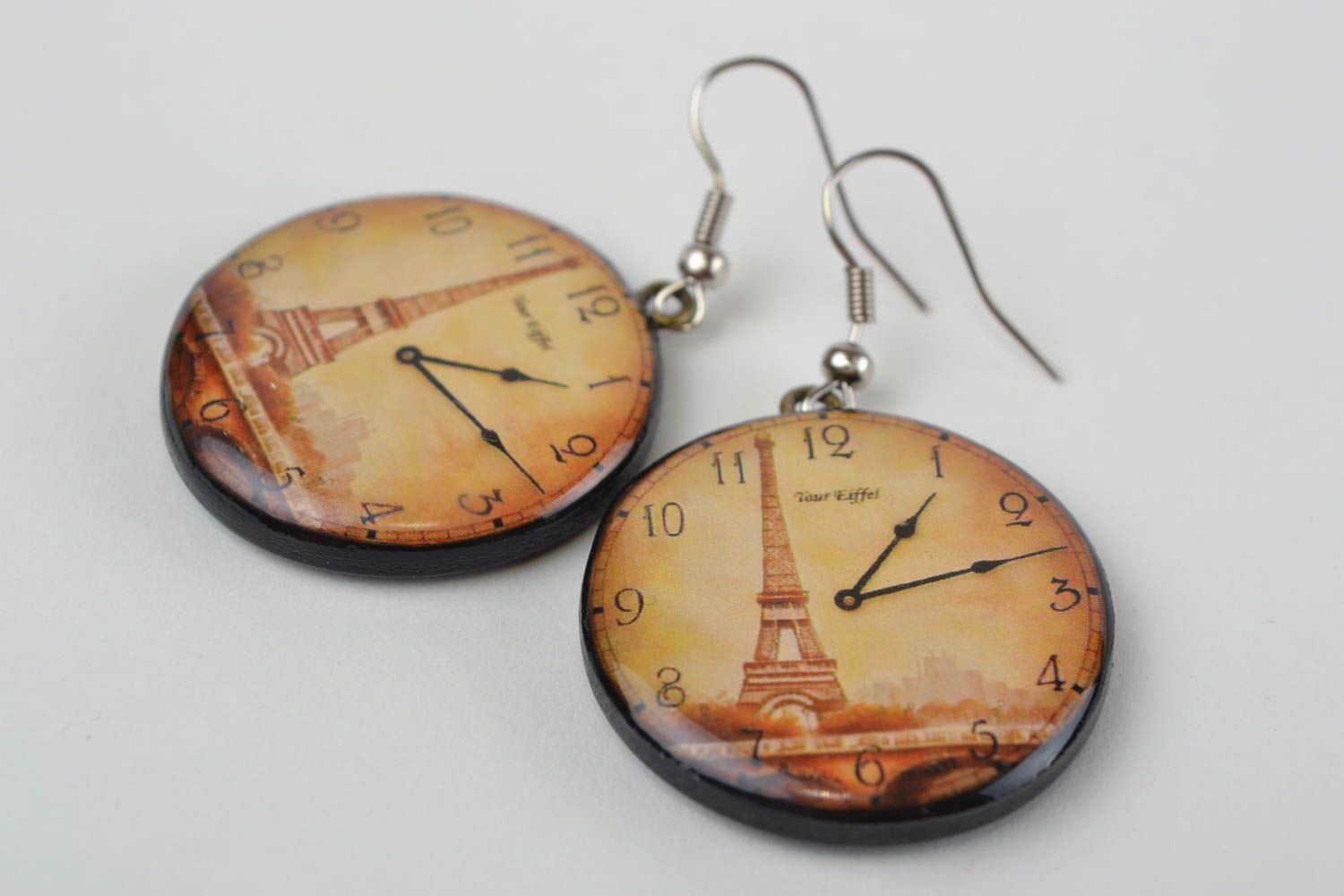 Stylish handmade design round polymer clay earrings with decoupage Eiffel Tower photo 5