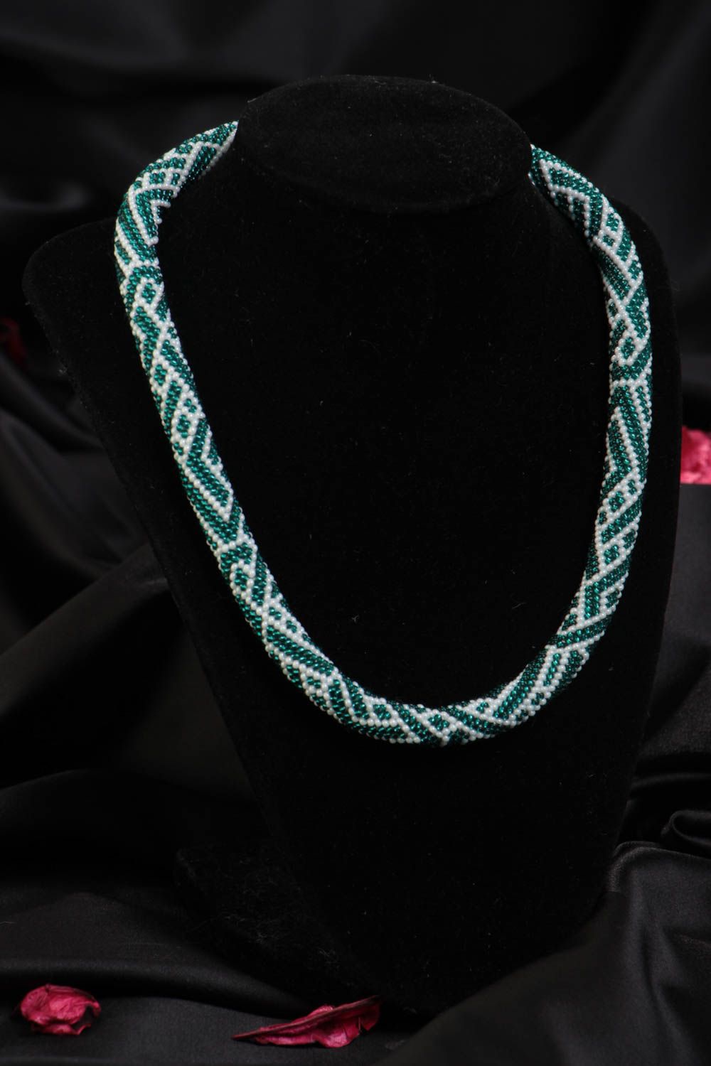 Handmade designer beaded cord necklace with white and turquoise colors pattern photo 1