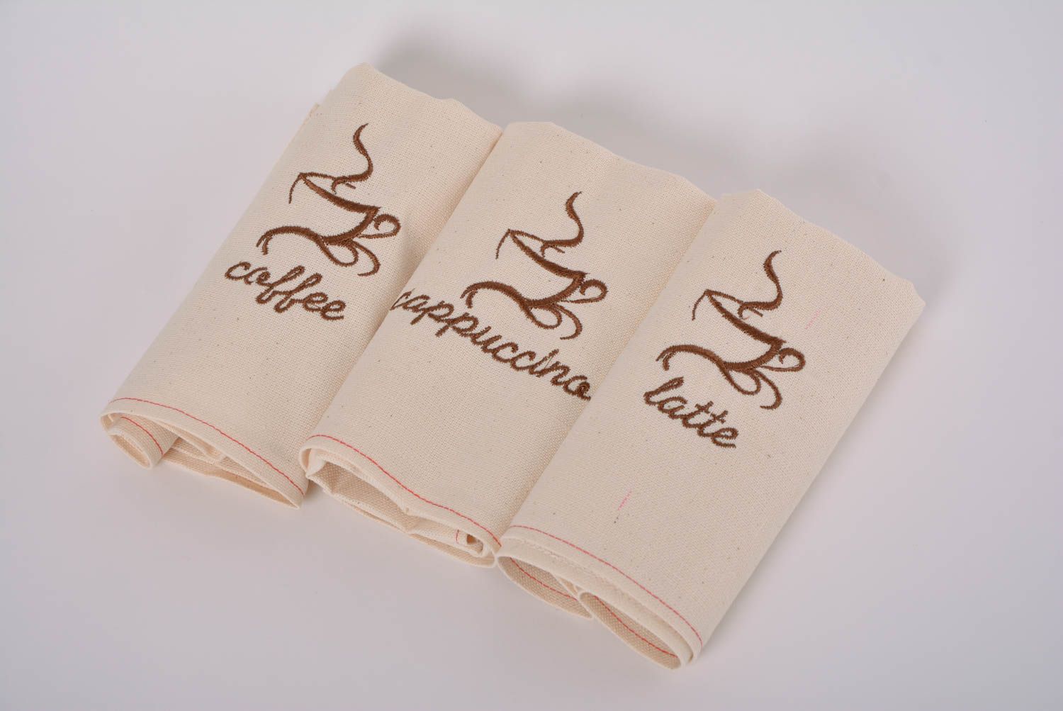 Set of 3 handmade decorative natural semi linen fabric napkins with embroidery photo 4