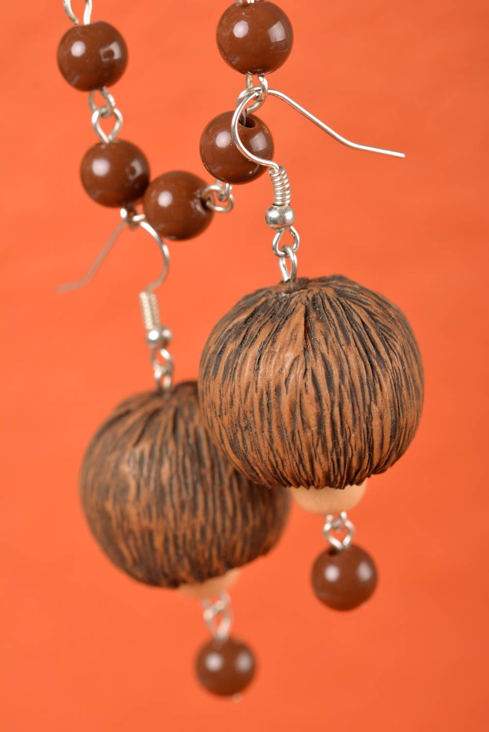 Designer brown handmade earrings made of polymer clay with beads photo 1