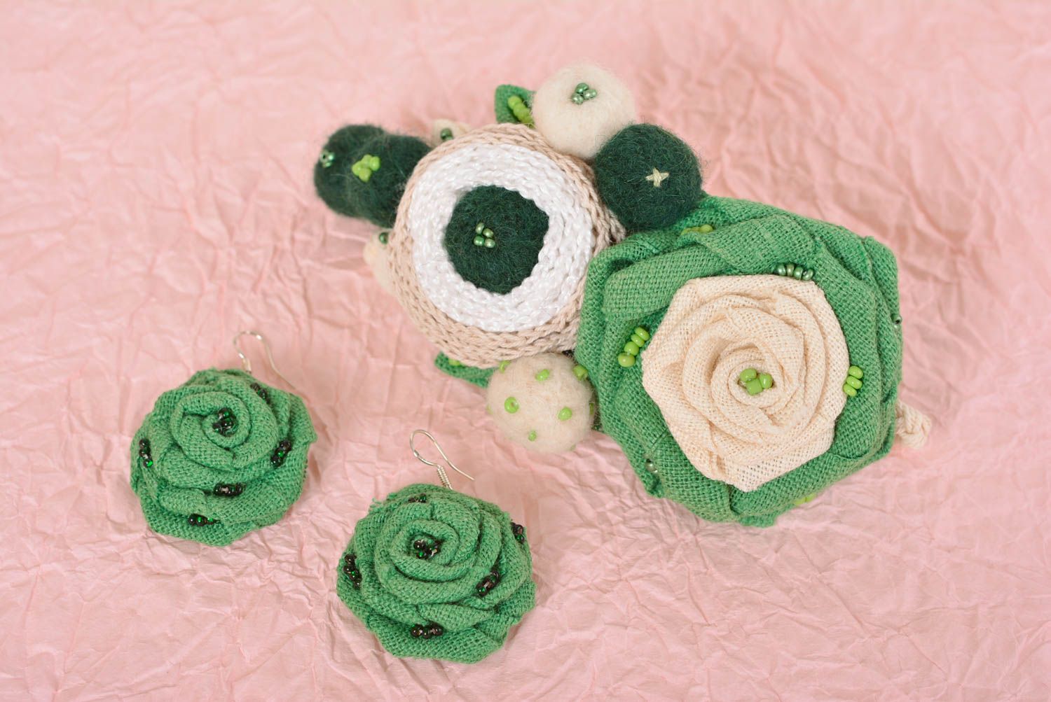 Schmuck Set handmade Schmuck Blumen Haarband und runde Ohrringe grün ausgefallen foto 1
