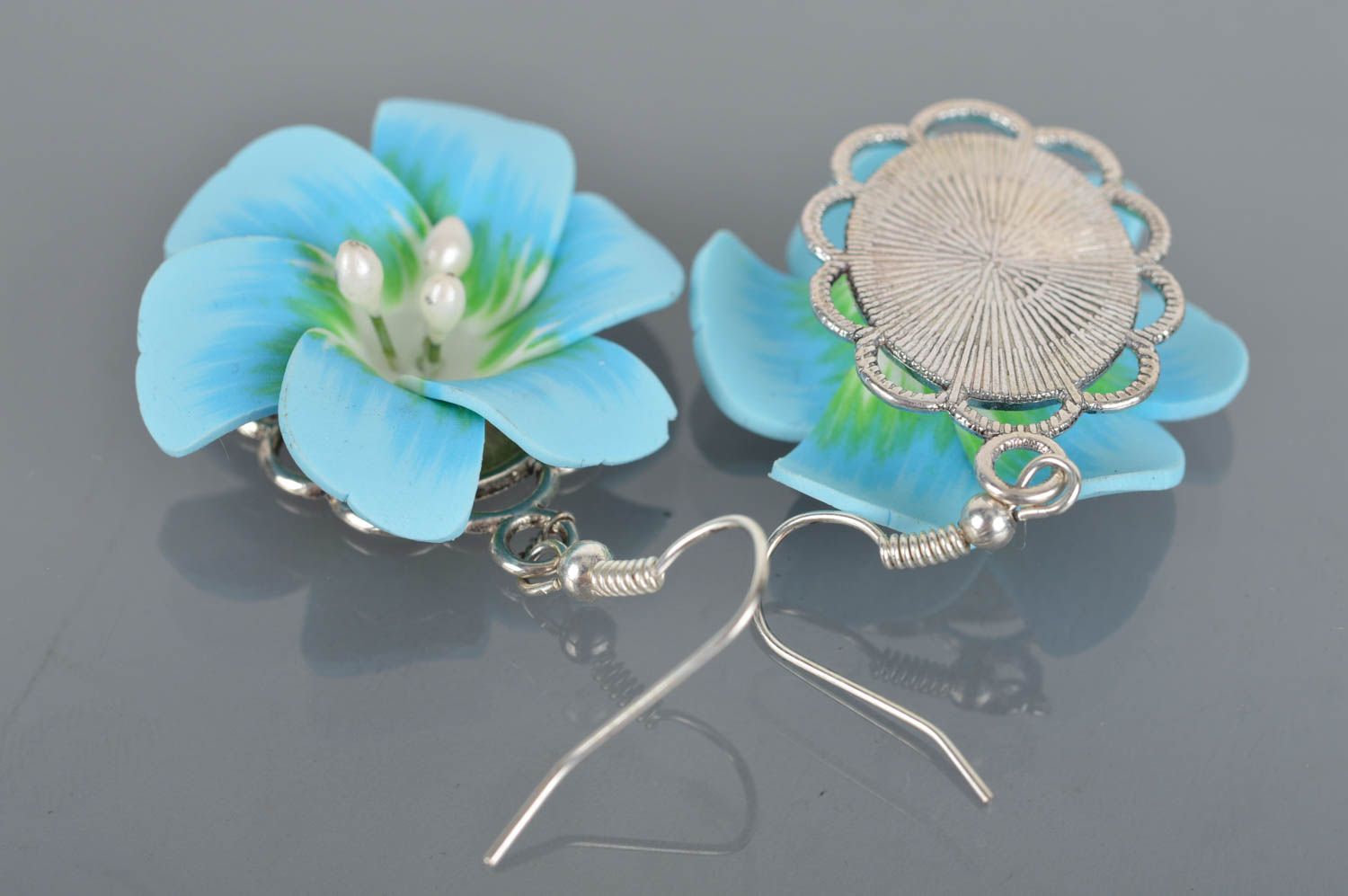 Beautiful homemade designer polymer clay flower earrings of gentle blue color photo 5