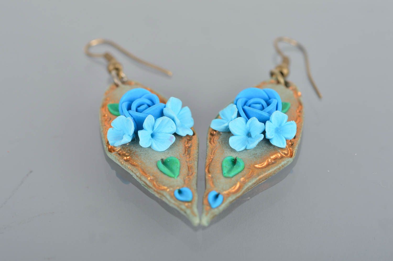 Long earrings with charms made of polymer clay for women blue roses  photo 2
