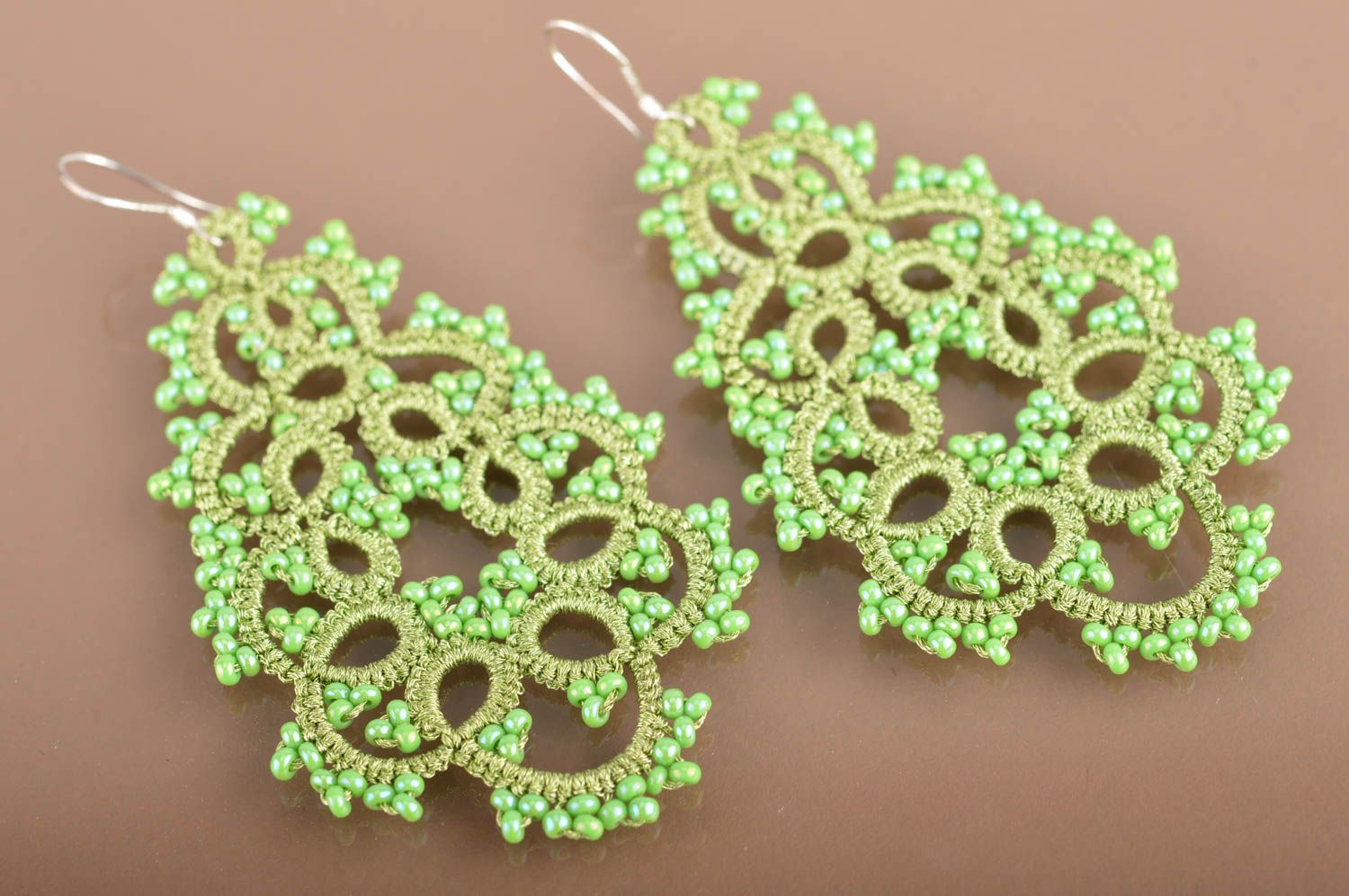 Gentle green handmade tatting lace earrings with beads designer jewelry photo 5