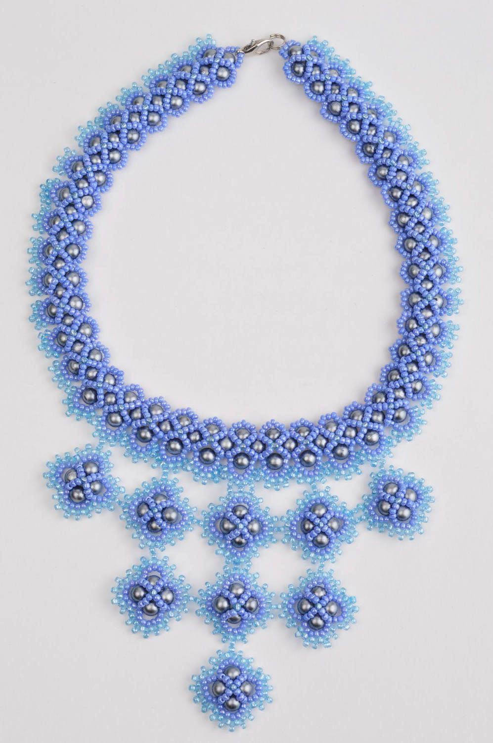 Колье из бисера украшение ручной работы авторское голубое ожерелье из бисера фото 4