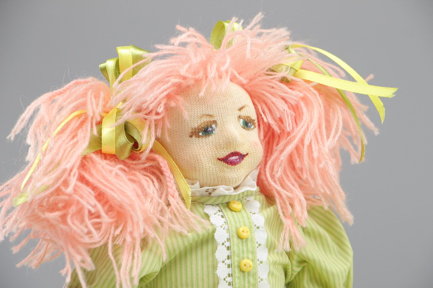 Handmade designer fabric soft doll of average size in green dress photo 3