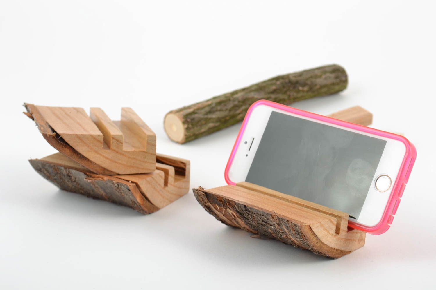 Set of 3 small handmade designer desktop cell phone stands cut out of wood photo 1