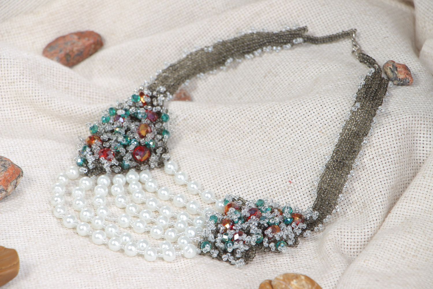 Bright handmade evening bead necklace with artificial pearl photo 1