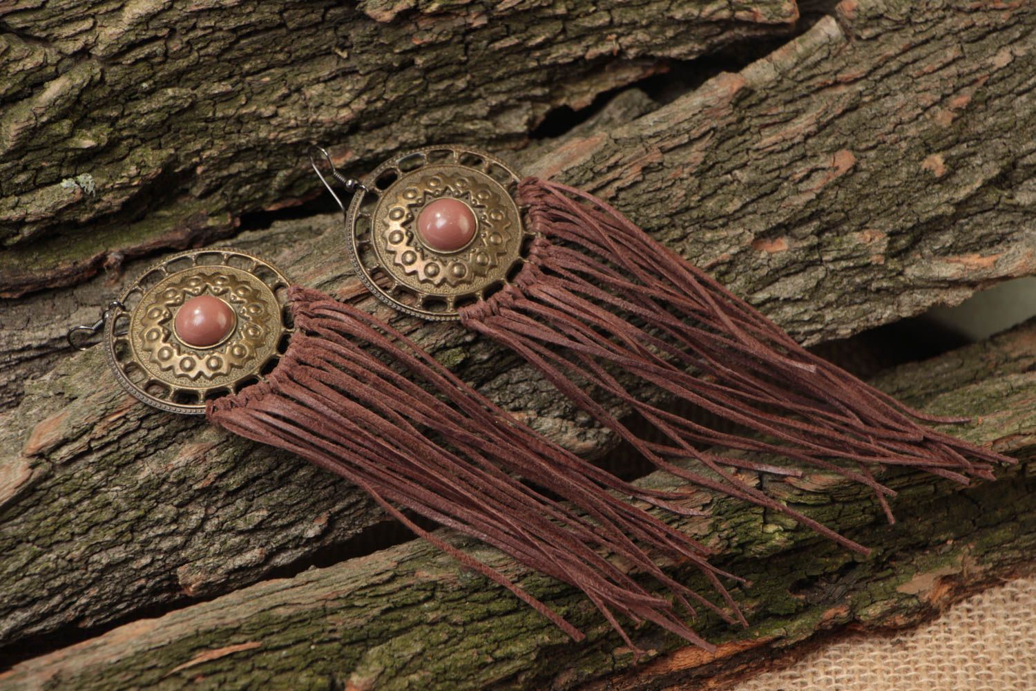 Brown long earrings made of leather with metal handmade unusual beautiful photo 1