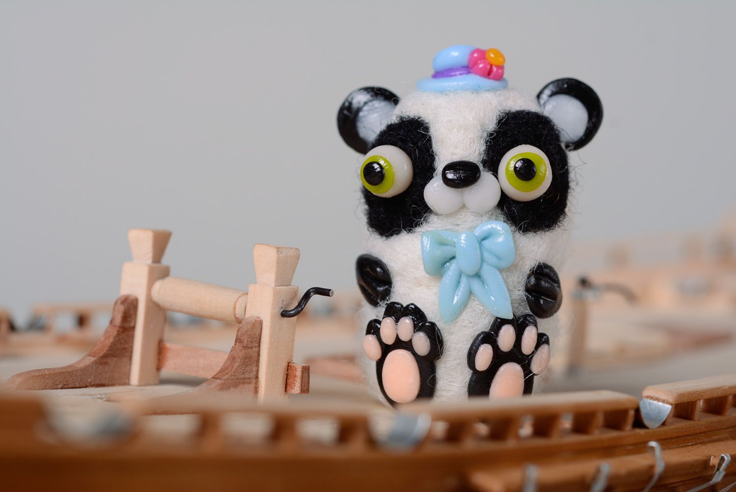 Miniature wool toy hand made using needle felting technique Panda photo 1