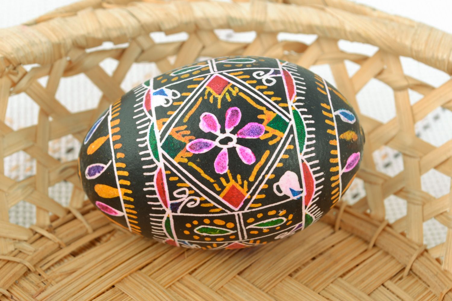 Handmade art egg with rich ornament painted with hot wax Easter decoration photo 1