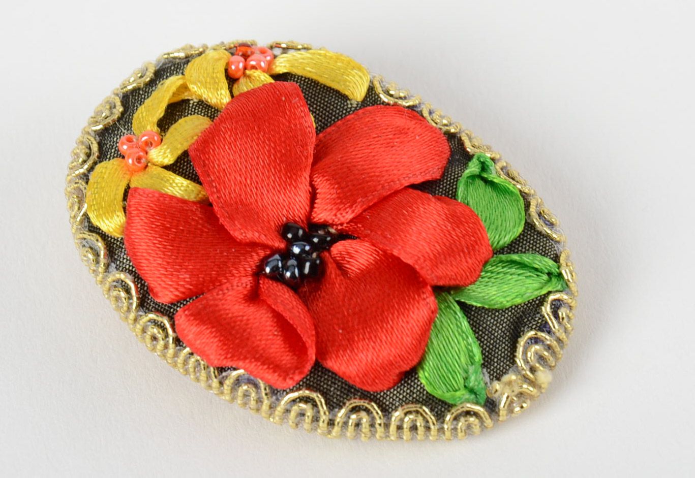 Handmade brooch with ribbon embroidery on flax base black with red photo 2