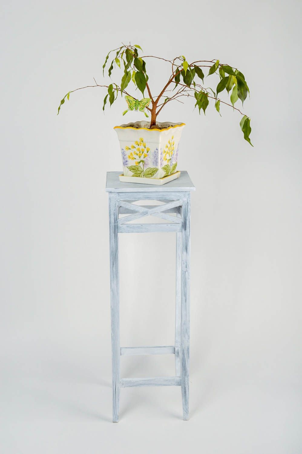 Grand support pour pot de fleurs en bois de pin fait main bleu clair design photo 1