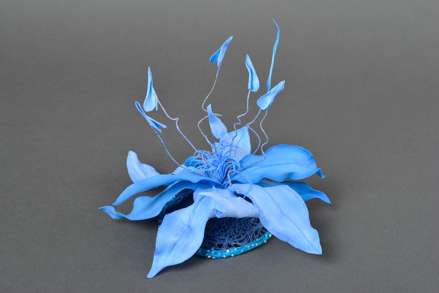 Unusual stylish handmade designer hair clip with blue foamiran flower photo 1